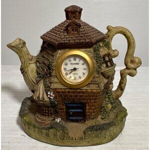 Vintage Hamlet Cottage Teapot Clock Figurine Handcrafted Resin Quartz Japan